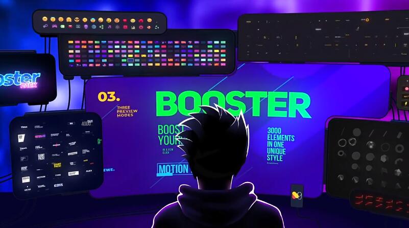 AE脚本 3000种数字社交媒体创意图形标题排版转场音效背景图标动画预设 Booster Pack – 百度云下载
